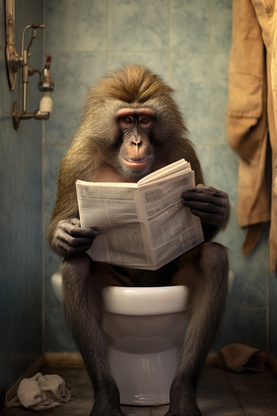 Funny Baboon Reading Newspaper on Toilet Bathroom Decor Poster