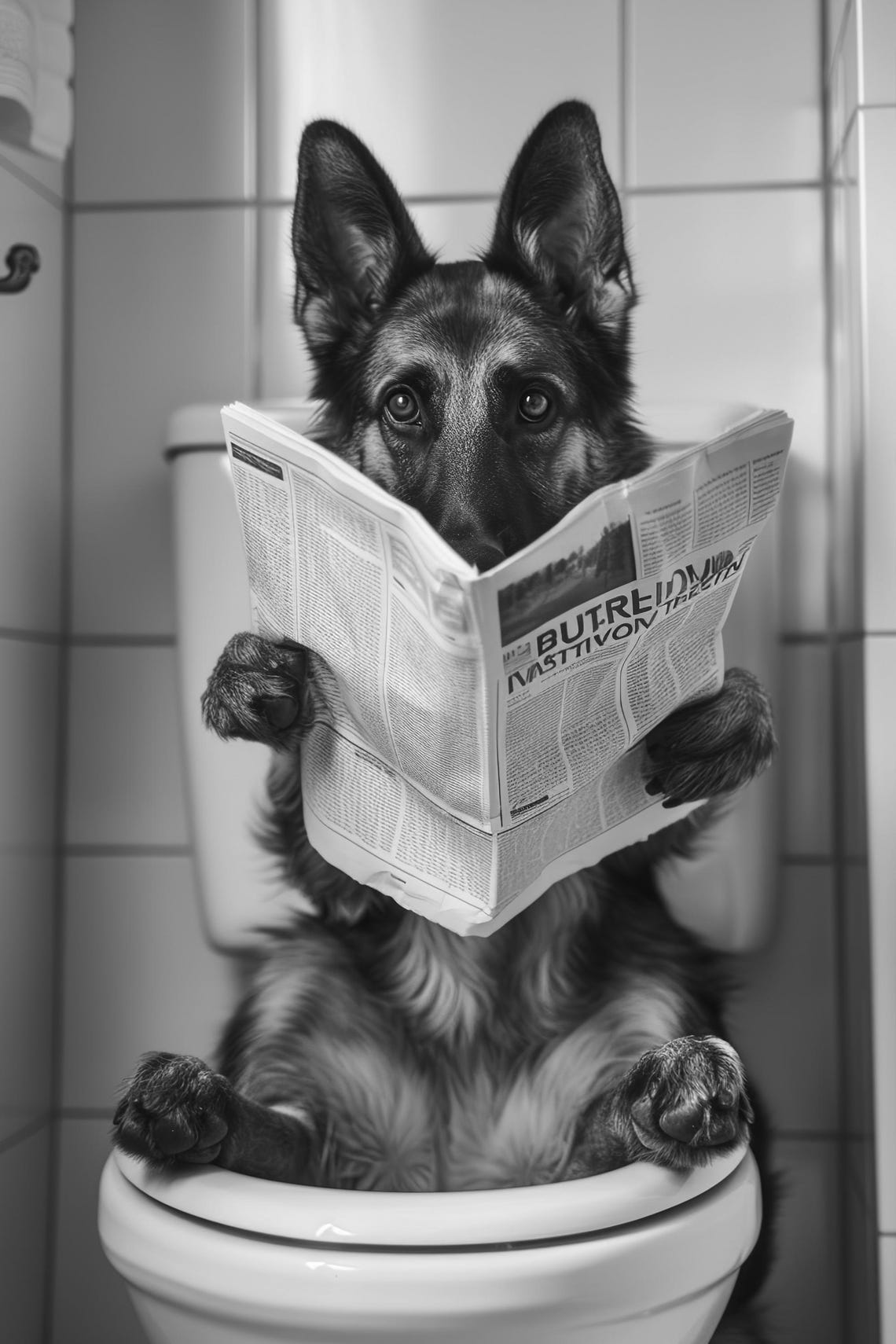 German Shepherd Dog Sitting On Toilet Reading Newspaper Funny Poster