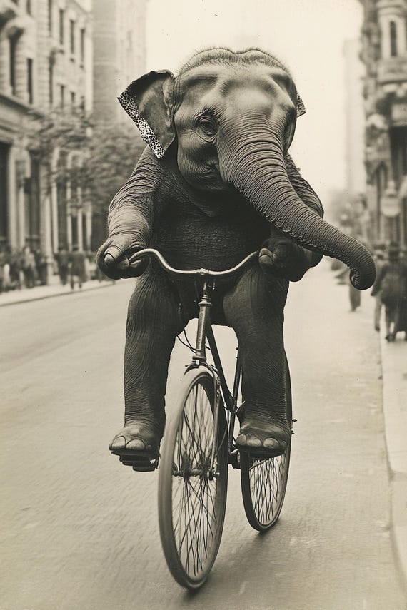 Elephant Riding A Bike Funny Animal Wall Art Elephant With Bicycle Funny Vintage Style Animal Photo Cute Retro Print Ai Art