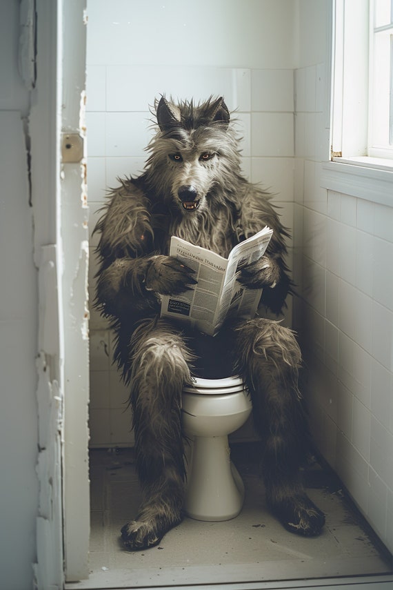Werewolf Sitting On The Toilet Reading A Newspaper Funny Bathroom Humor Funny Mythical Creature Wall Art Home Ai Art Prints