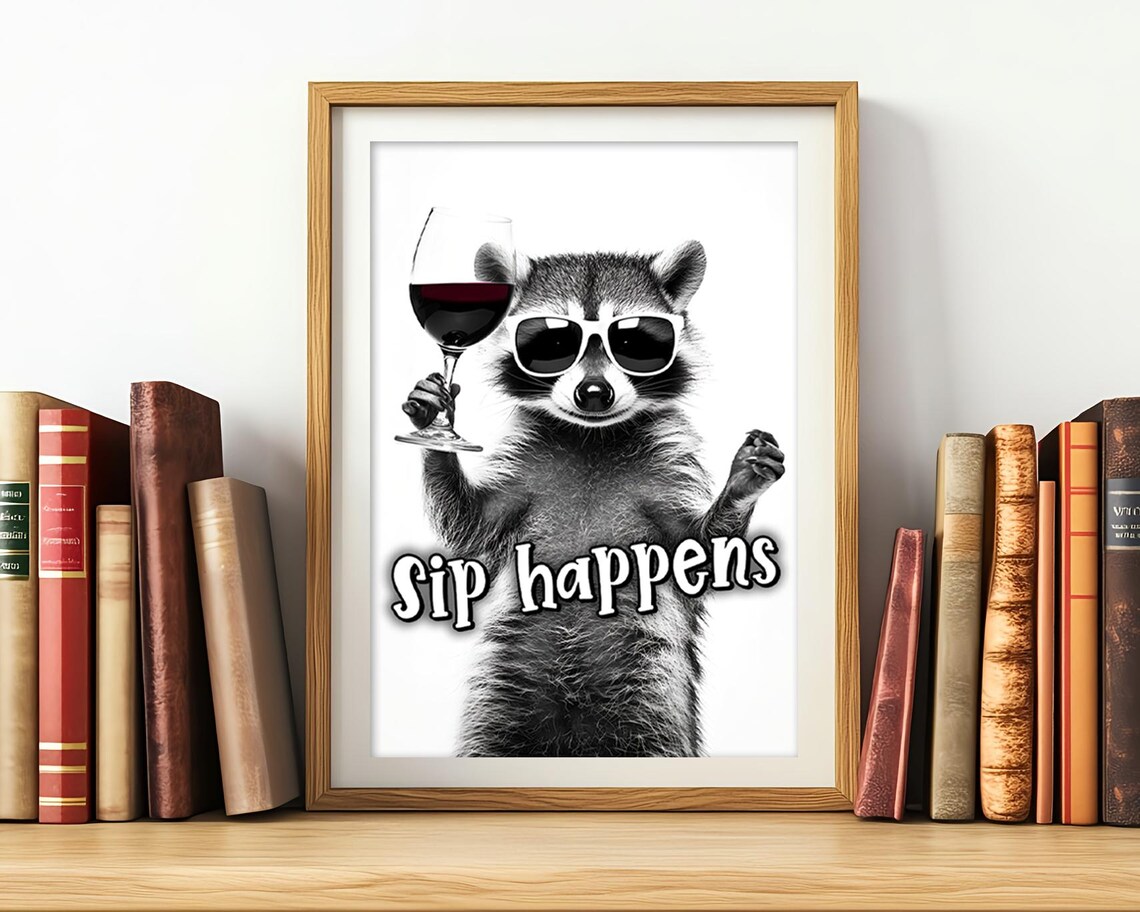 Raccoon With Sunglasses Sip Happens Funny Wine Quote Wall Art - Image 3