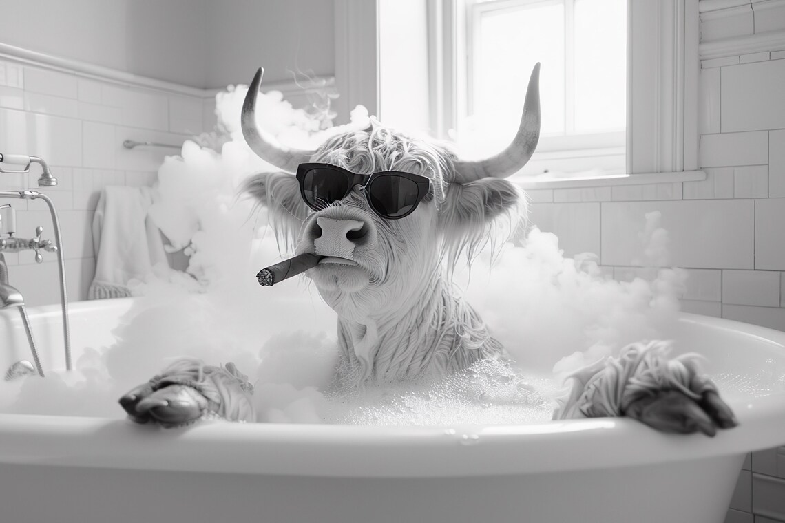Cool Highland Cow in Bathtub Sunglasses Cigar Funny Bathroom Poster