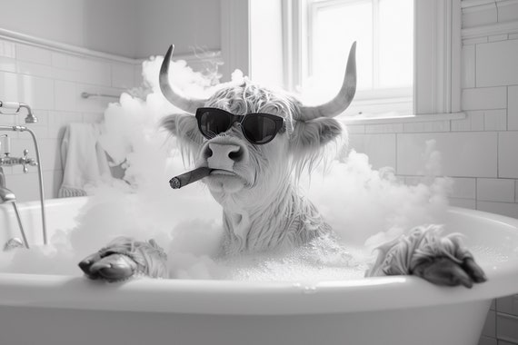 Cool Highland Cow In Bathtub Smoking A Cigar Funny Bathroom Wall Art Vintage Style Animal Photography Cow Taking A Bath Ai Art