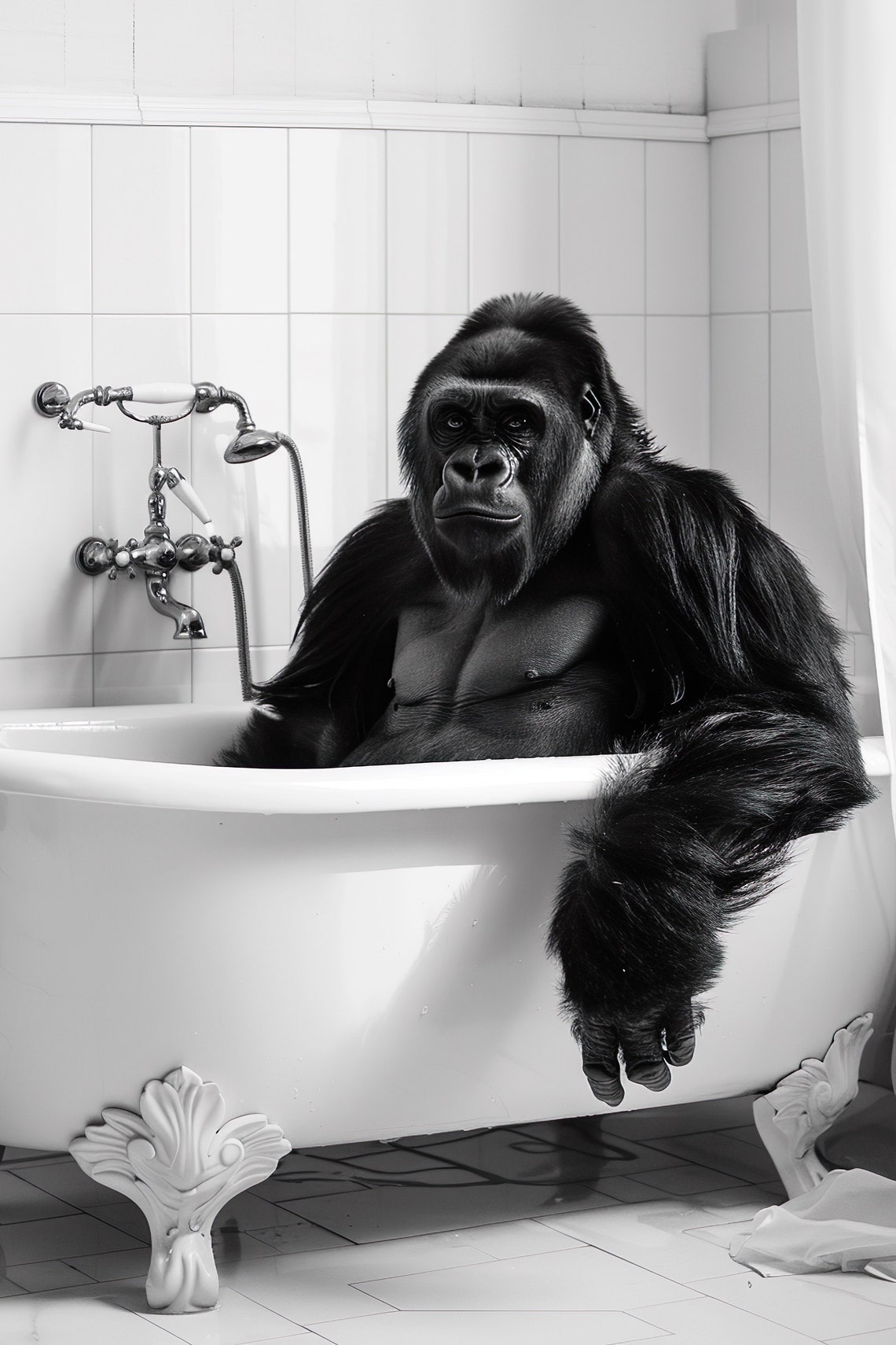 Gorilla Lounging In Bathtub Black And White Bathroom Humor Poster