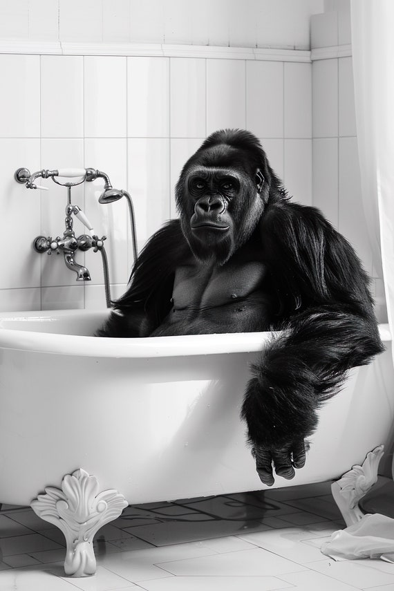Gorilla In The Bathtub Funny Animal Photograph Gorilla Taking A Bubble Bath Ai Animal Print Funny Bathroom Wall Art Home