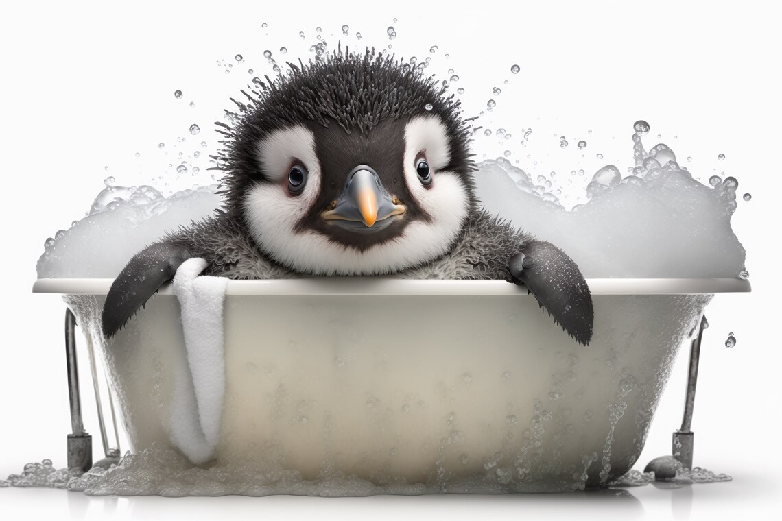 Cute Baby Penguin In The Bathtub Funny Animal Art Print
