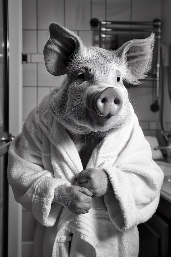 Pig In A Bathrobe Funny Bathroom Wall Art Quirky Animal Art Funny Pig In Bath Humor Print Home Ai Wall Art Prints