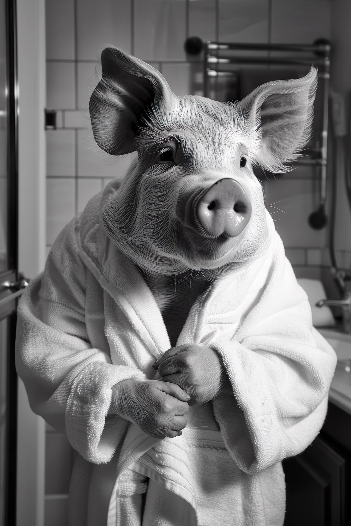 Pig Bathrobe Funny Bathroom Black And White Cute Animal Print