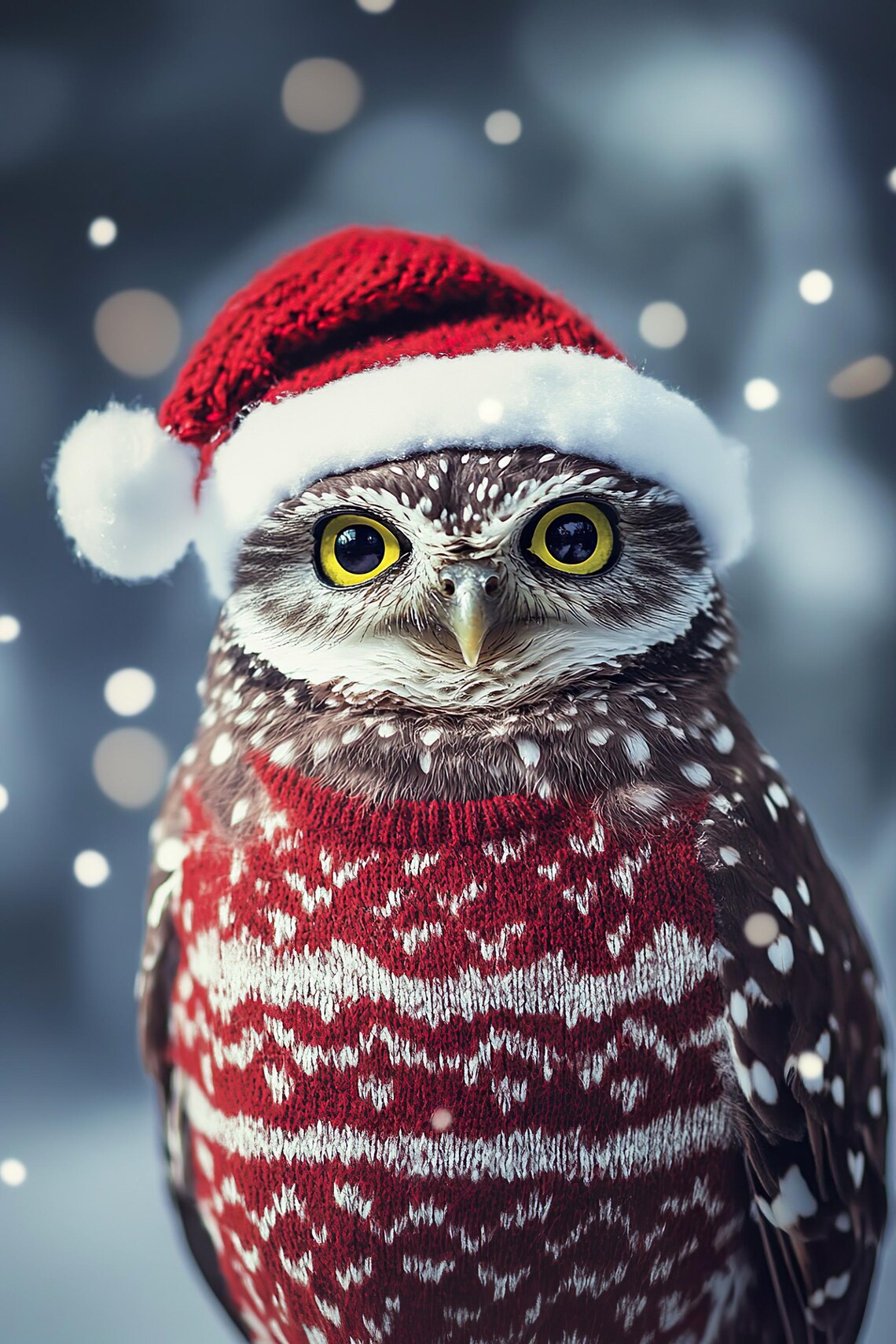 Cute Owl in Santa Hat and Red Sweater Christmas Snowy Winter Animal Poster - Image 2