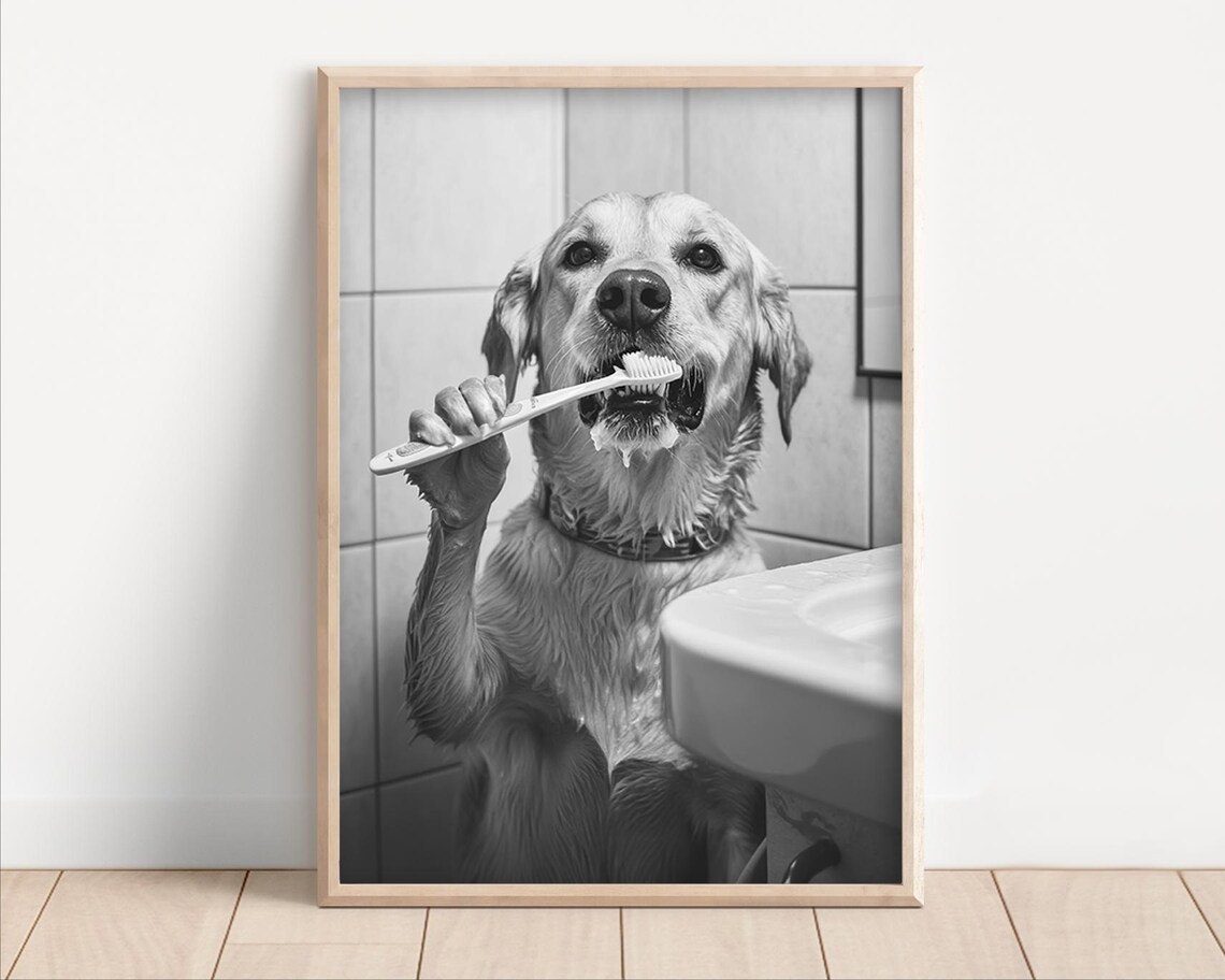 Dog Brushing Teeth Funny Bathroom Art Print