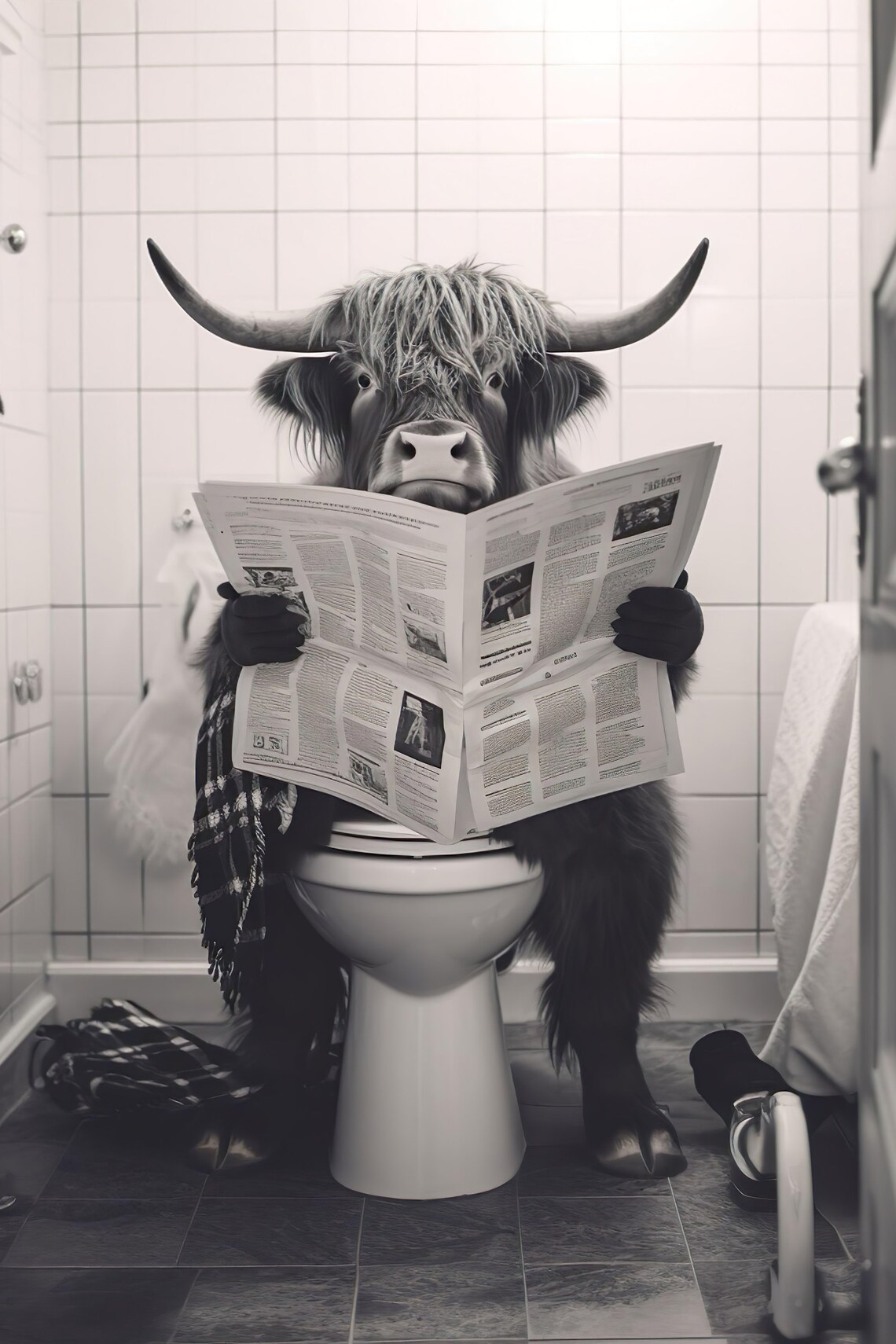 Highland Cow on the Toilet, Funny Bathroom Art Print