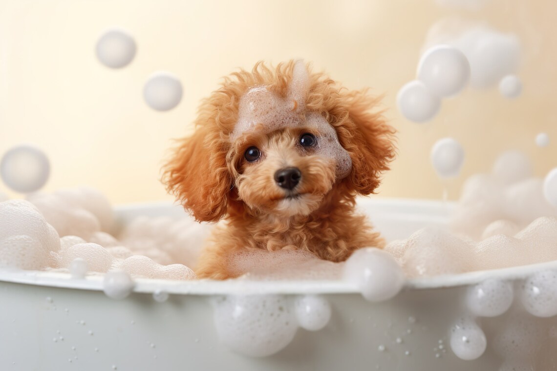 Poodle Pup in the Bathtub, Funny Bathroom Art Print