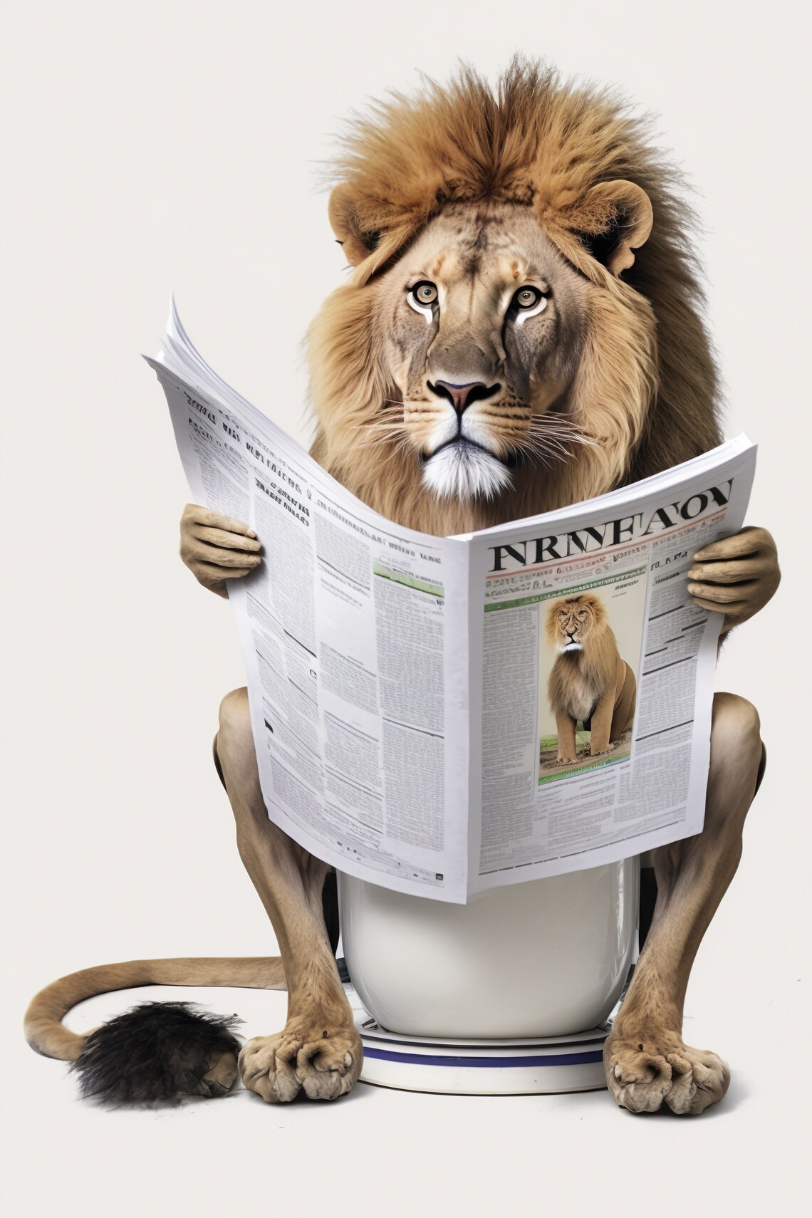 Lion Sitting on the Toilet Reading Newspaper Art Print