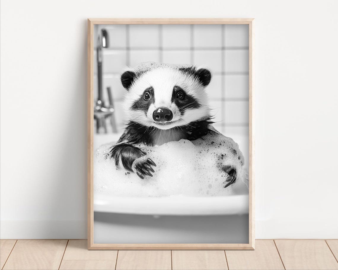 Cute Badger in Bubble Bath Black and White Funny Bathroom Poster