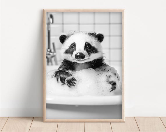 Badger In The Bathtub Funny Bathroom Wall Art Cute Badger Taking A Bubble Bath Vintage Style Retro Animal Photo Print Ai Art