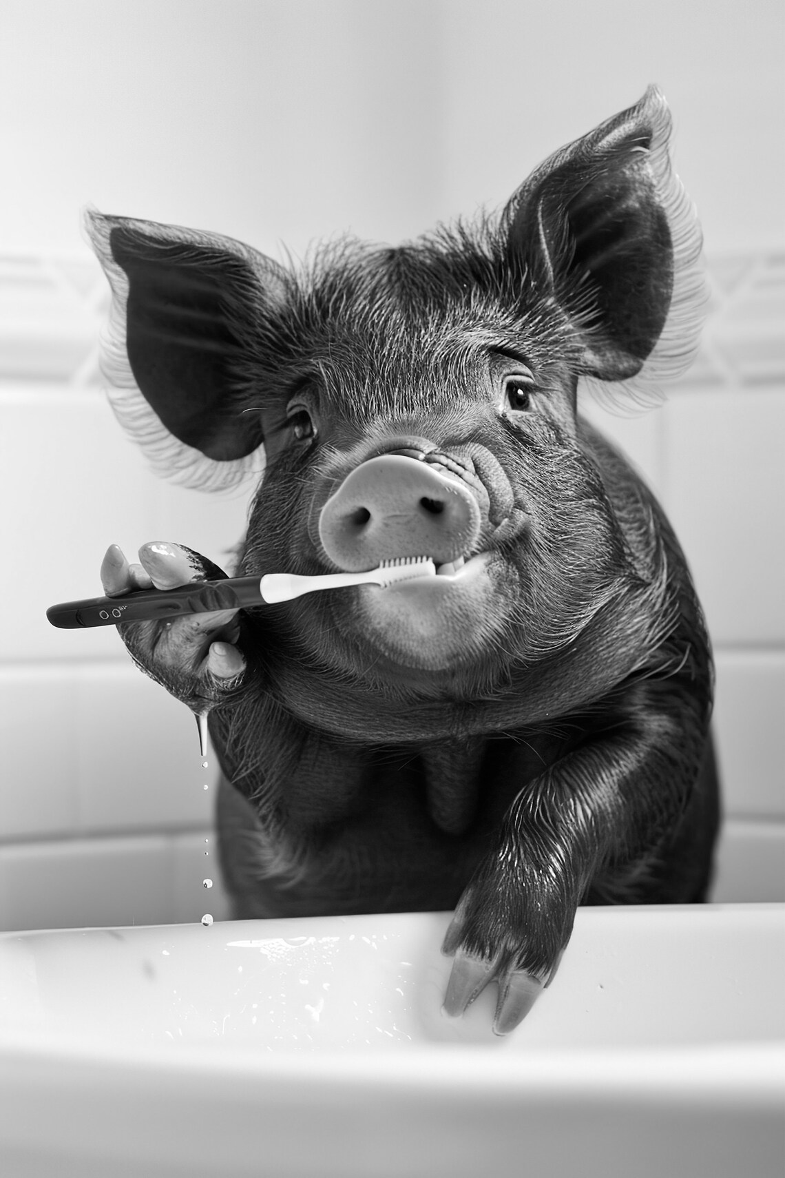 Funny Pig Brushing Teeth Bathroom Wall Art, Vintage Style