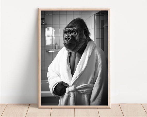 Gorilla In A Bathrobe Funny Bathroom Wall Art Funny Retro Vintage Style Animal Photo Cute Gorilla Wall Art Print Wall Art