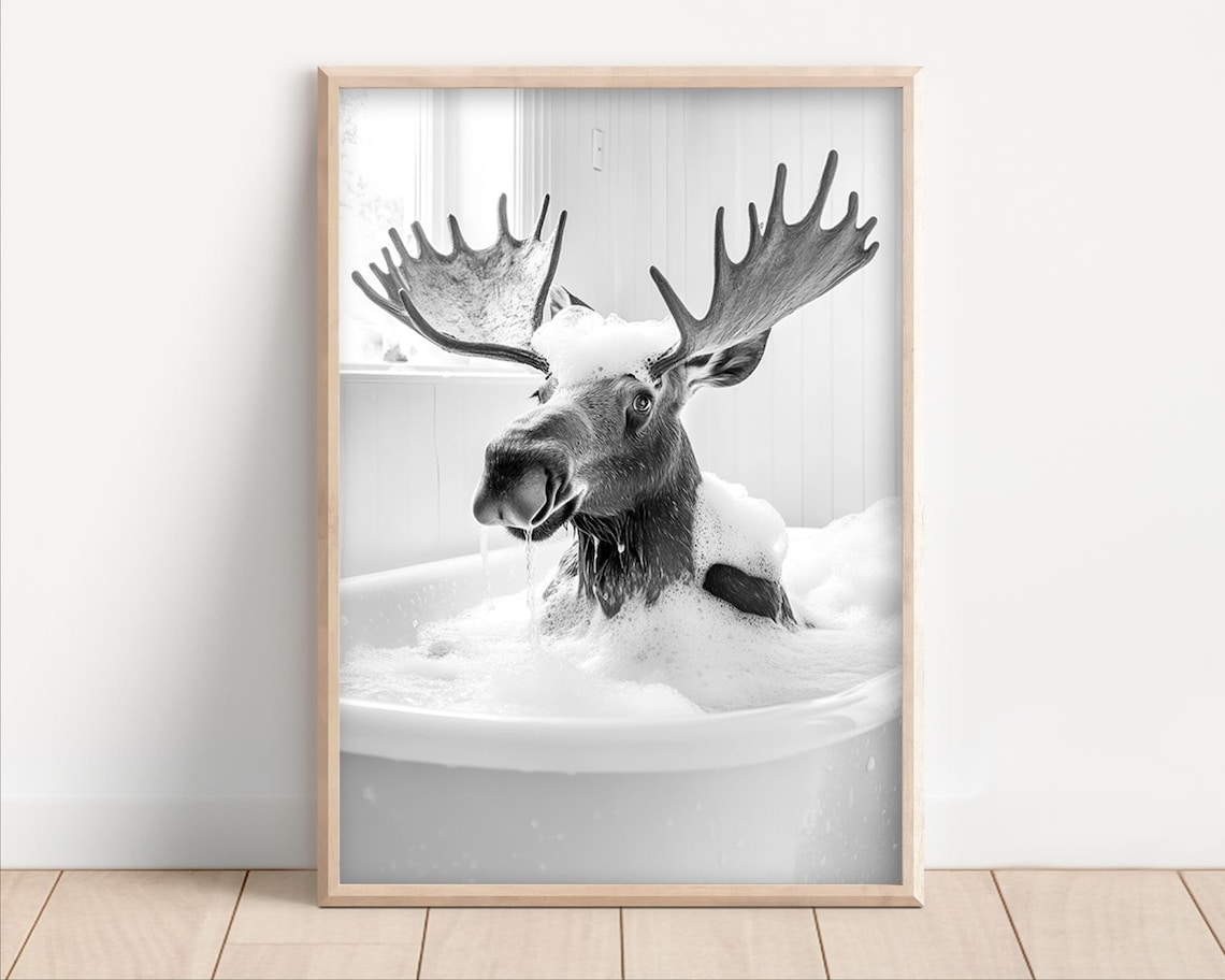 Moose In The Bathtub, Vintage-Style Bathroom Art Print