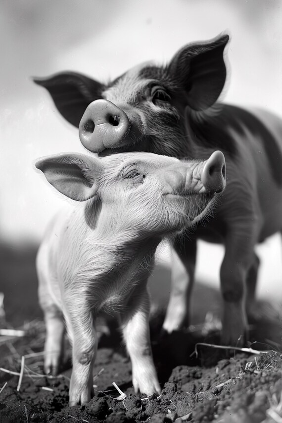 Pig Mother and Piglet Nose to Nose Farm Animal Photo Poster for Nursery Decor