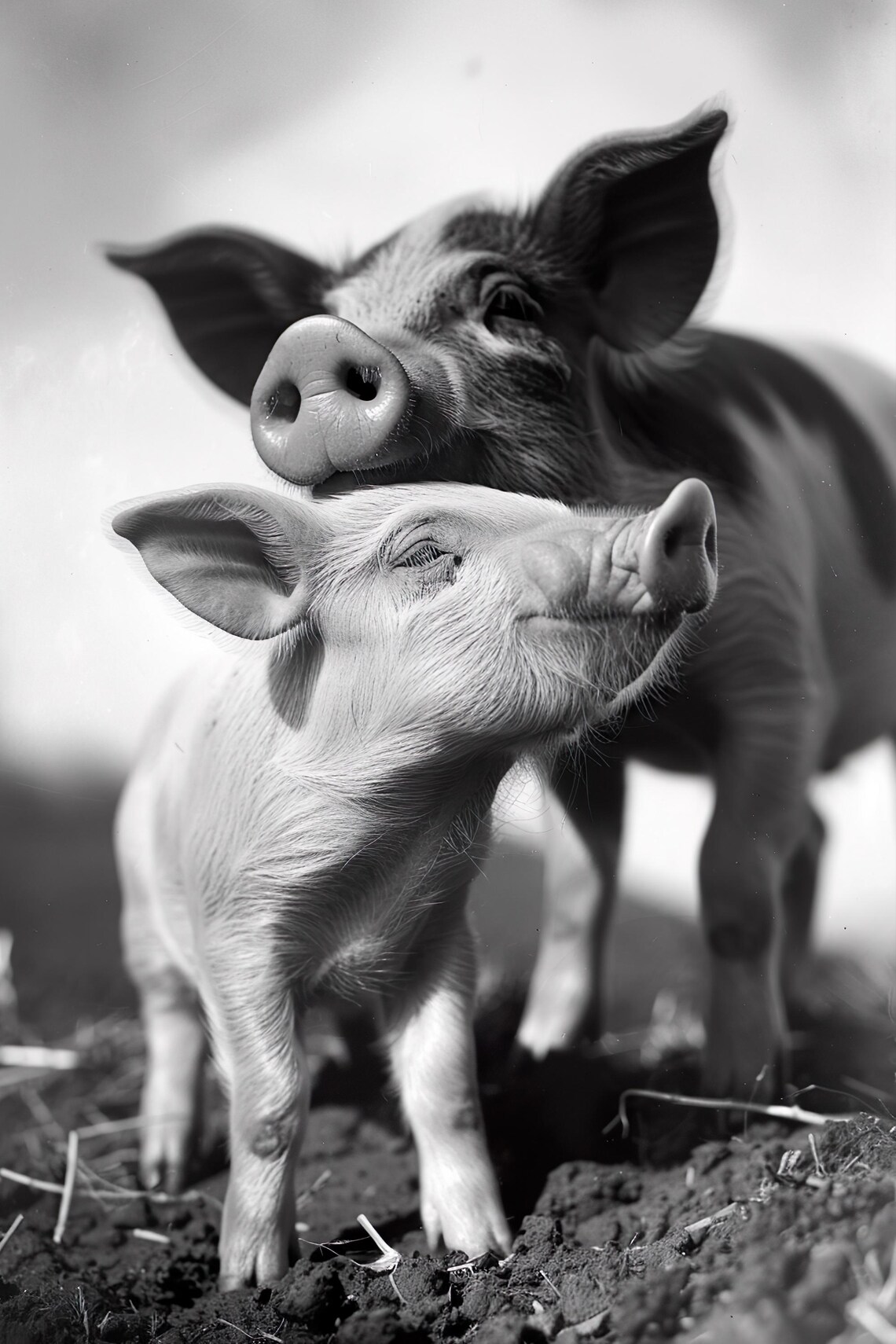 Pig Mother and Piglet Nose to Nose Farm Animal Photo Poster for Nursery Decor