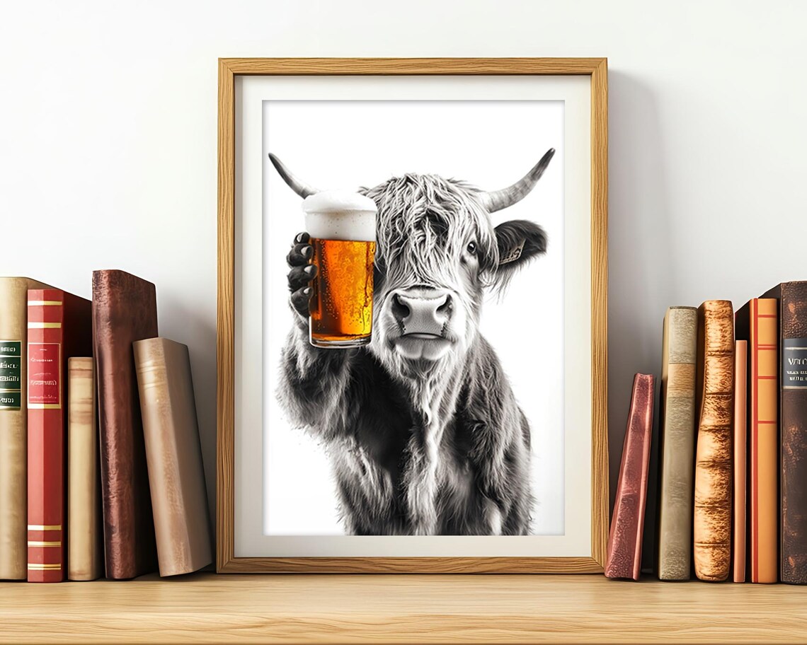 Highland Cow Drinking Beer Funny Kitchen Art Print - Image 2