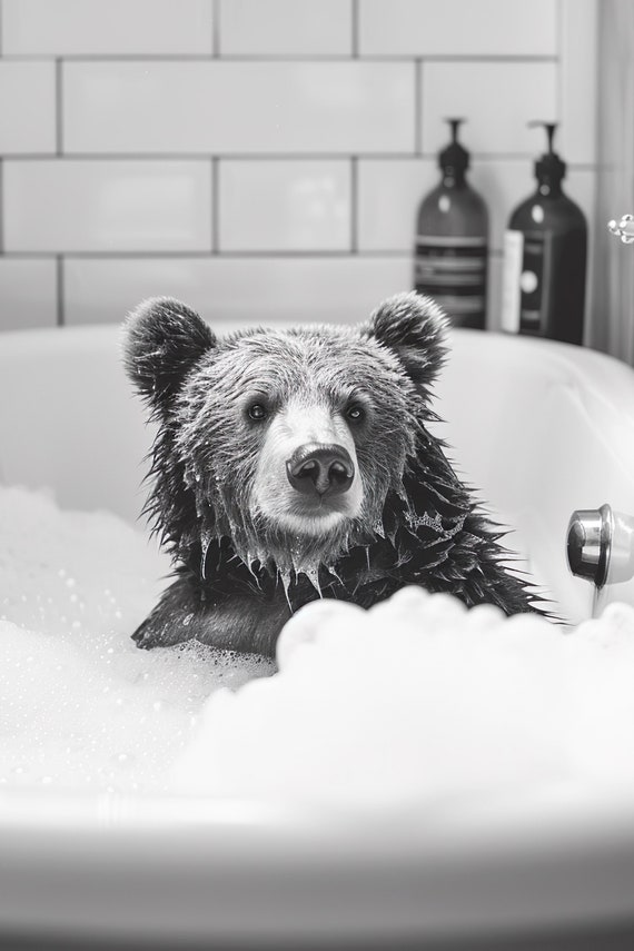 Bear In The Bathtub Funny Animal Photograph Bear Taking A Bubble Bath Ai Animal Print Funny Bathroom Wall Art Home