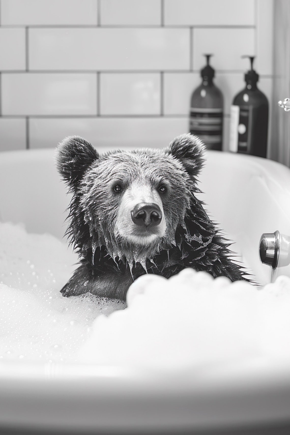 Bear Bubble Bath Funny Wet Black And White Bathroom Animal Poster