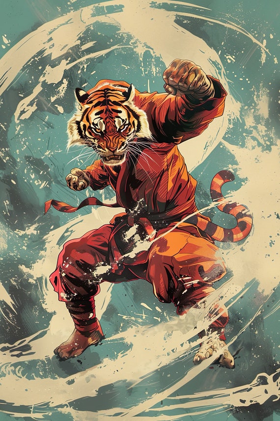 Ninja Tiger Throwing A Karate Kick Boys Game Room Wall Decor Movie Poster Style Martial Arts Funny Animal Wall Art Ai Art