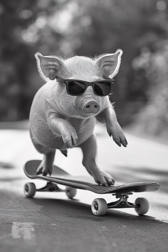 Pig Skateboarding Funny Animal Wall Art Pig On Skateboard Funny Pig Photo Print Funny Animal Photography Home Ai Created