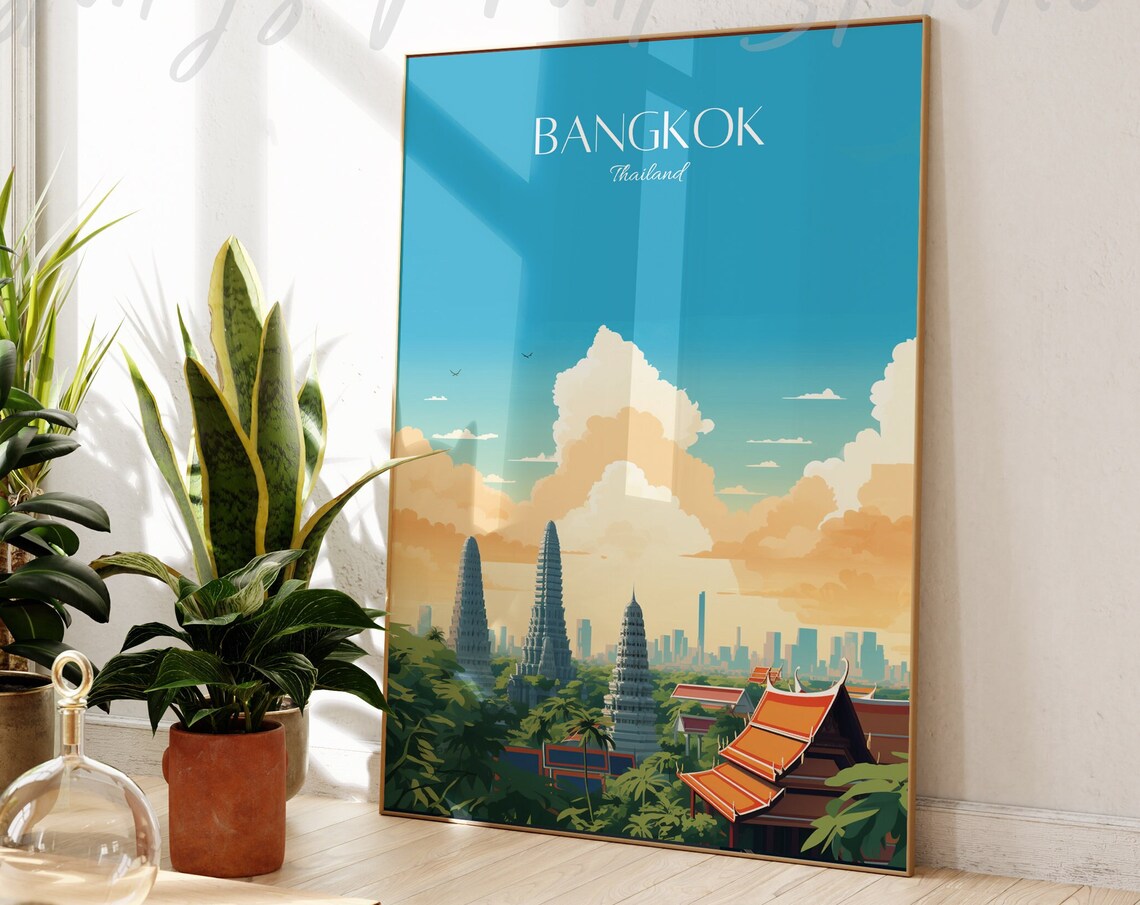 Bangkok Thailand Vintage Style Temple Skyline Travel Art Poster