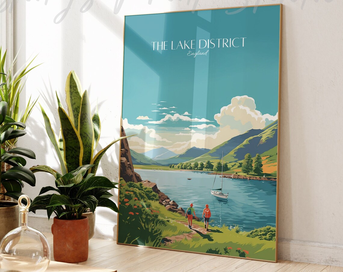 The Lake District England Hikers Lakeside Vintage Travel Poster