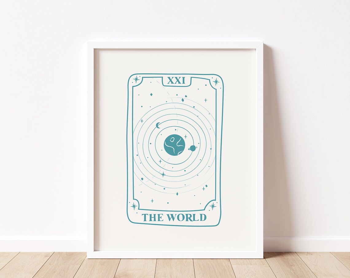The World XXI Tarot Card Teal Line Art Celestial Mystic Wall Print
