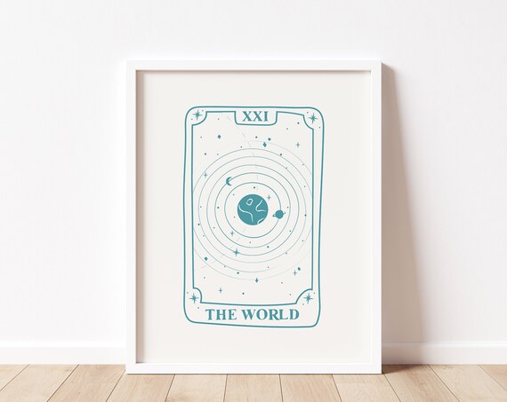 The World XXI Tarot Card Teal Line Art Celestial Mystic Wall Print