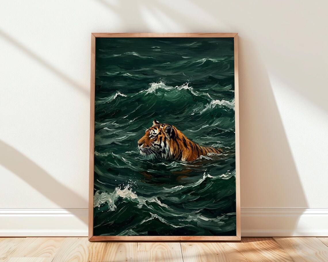 Bengal Tiger Swimming Ocean Poster Dramatic Dark Wave Oil Painting Decor