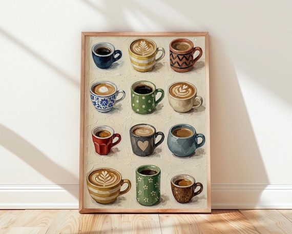 Coffee Mugs Poster, Kitchen Wall Art Print