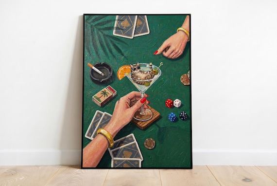 Cat Martini Glass Print Funny Cocktail Wall Art Whimsical Poker Painting Bar Cart Decor