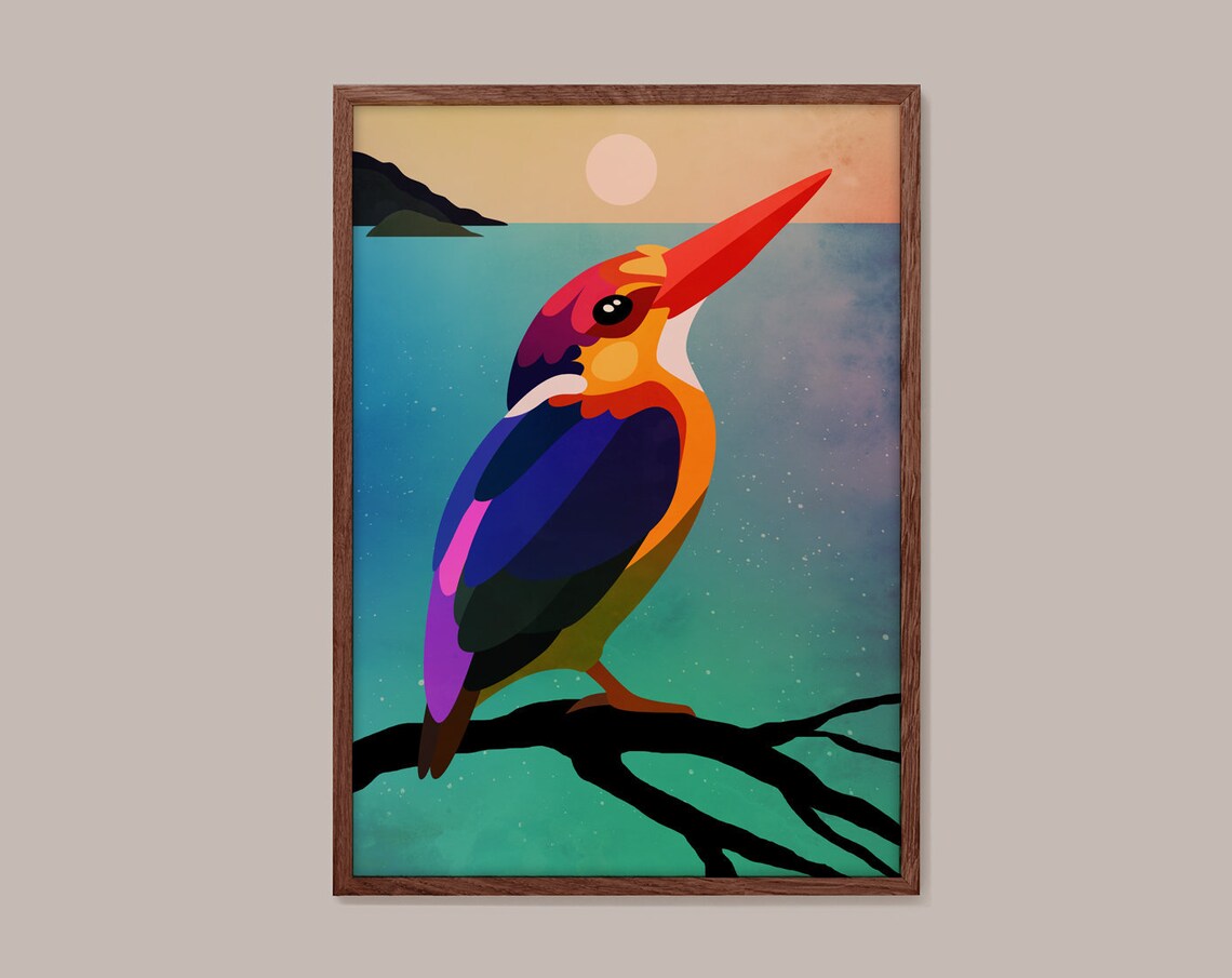 Colorful Kingfisher Bird Geometric Illustration Teal Ocean Art Poster