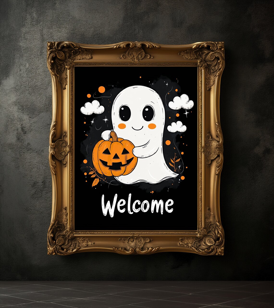 Cute Ghost Holding Pumpkin Welcome Sign Halloween Kawaii Poster