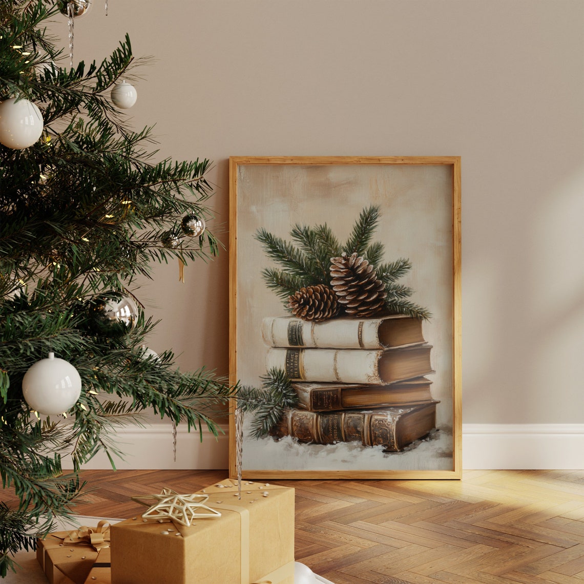 Vintage Old Books and Pine Cones Christmas Wall Art Print - Image 4