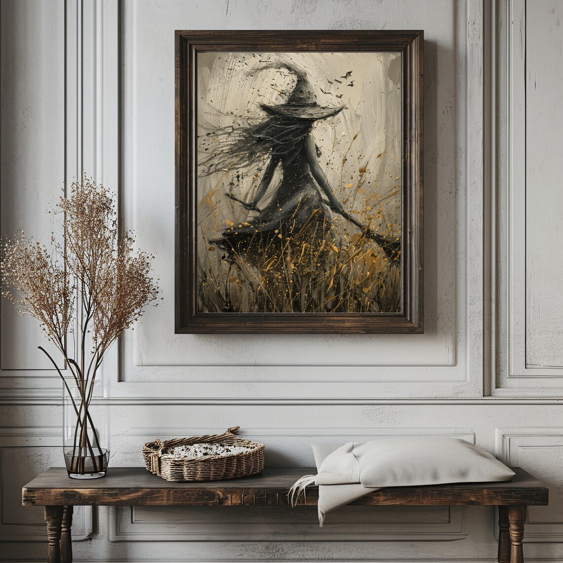 Dark Witch Walking In A Wheat Field With Broom Halloween Art Poster - Image 4