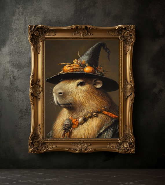 Capybara in Witch Hat, Vintage Halloween Art Print