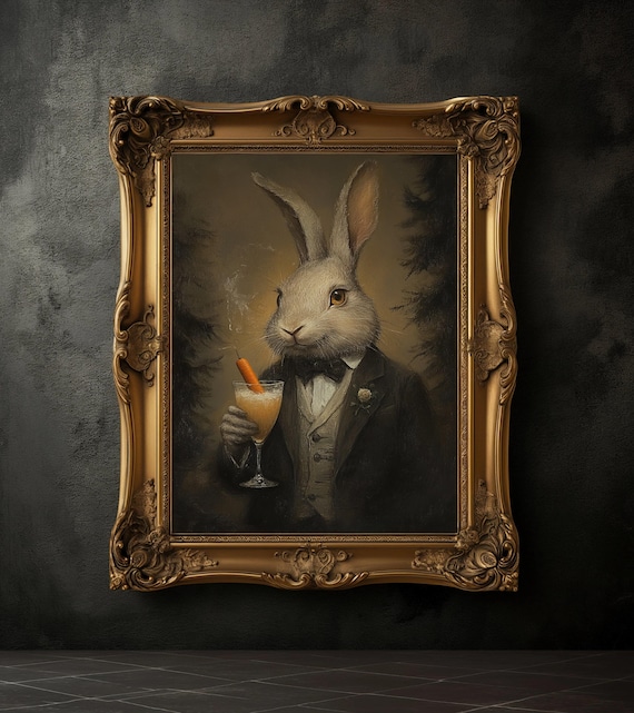 Gentleman Rabbit in Suit Holding Cocktail Carrot Vintage Poster