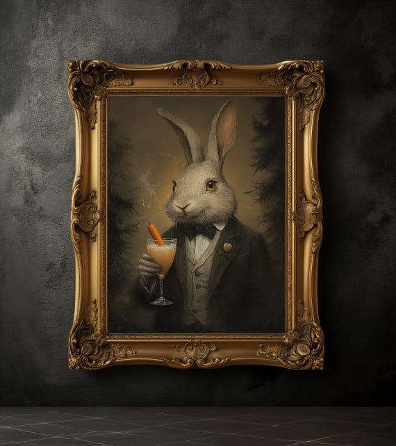 Moody Easter Bunny Print Antique Spring Rabbit Painting Neutral Country Farmhouse Dcor Dark Vintage Rustic Wall Art