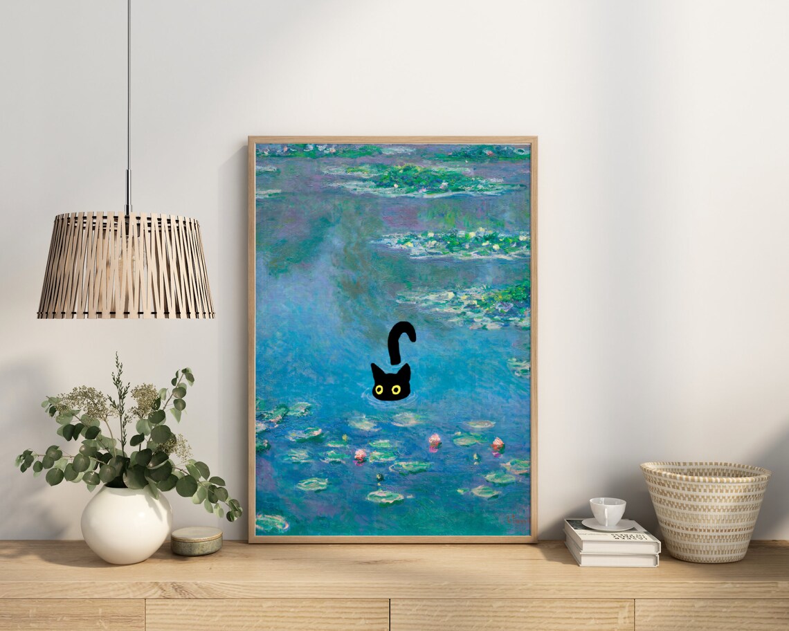 Funny Black Cat Swimming in Water Lily Pond Fine Art Parody Poster - Image 4