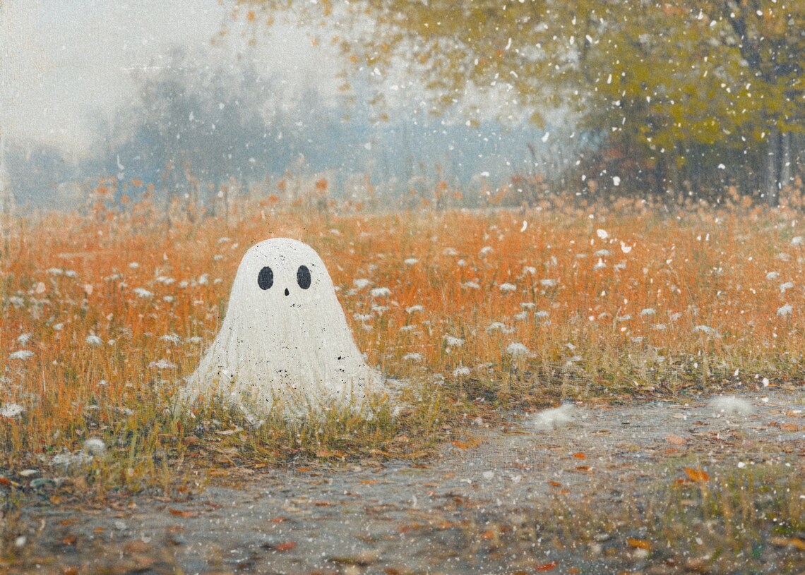 Cute Ghost In Misty Autumn Field Orange Flowers Halloween Poster - Image 2