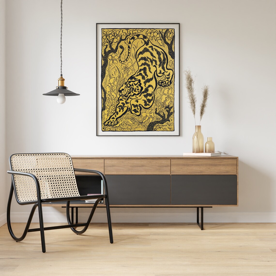 Yellow Tiger in Black Ink Woodcut Style Vintage Wildlife Poster - Image 4