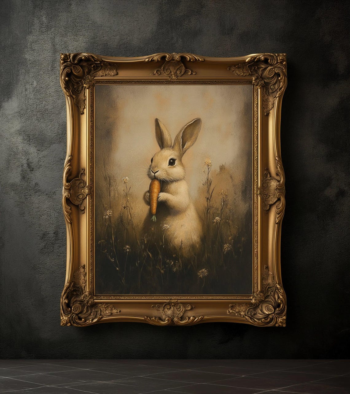 Moody Easter Bunny Eating Carrot, Rustic Art Print
