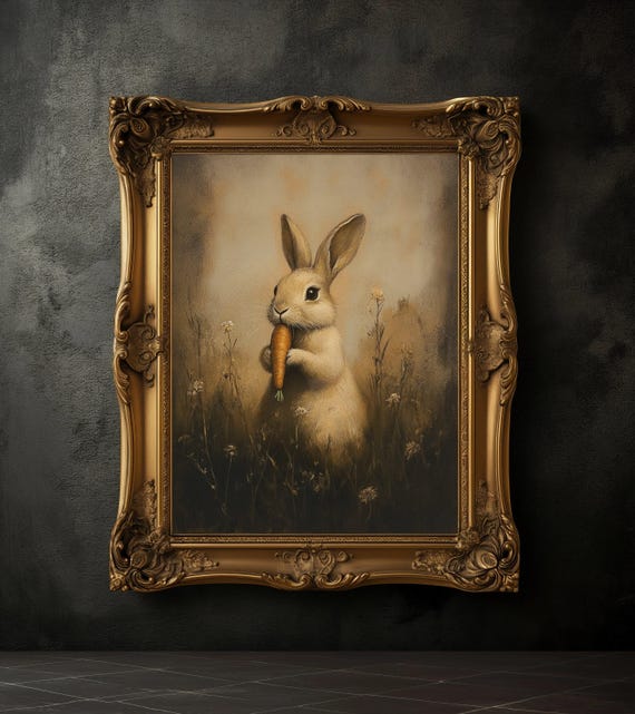 Moody Easter Bunny Eating Carrot, Rustic Art Print