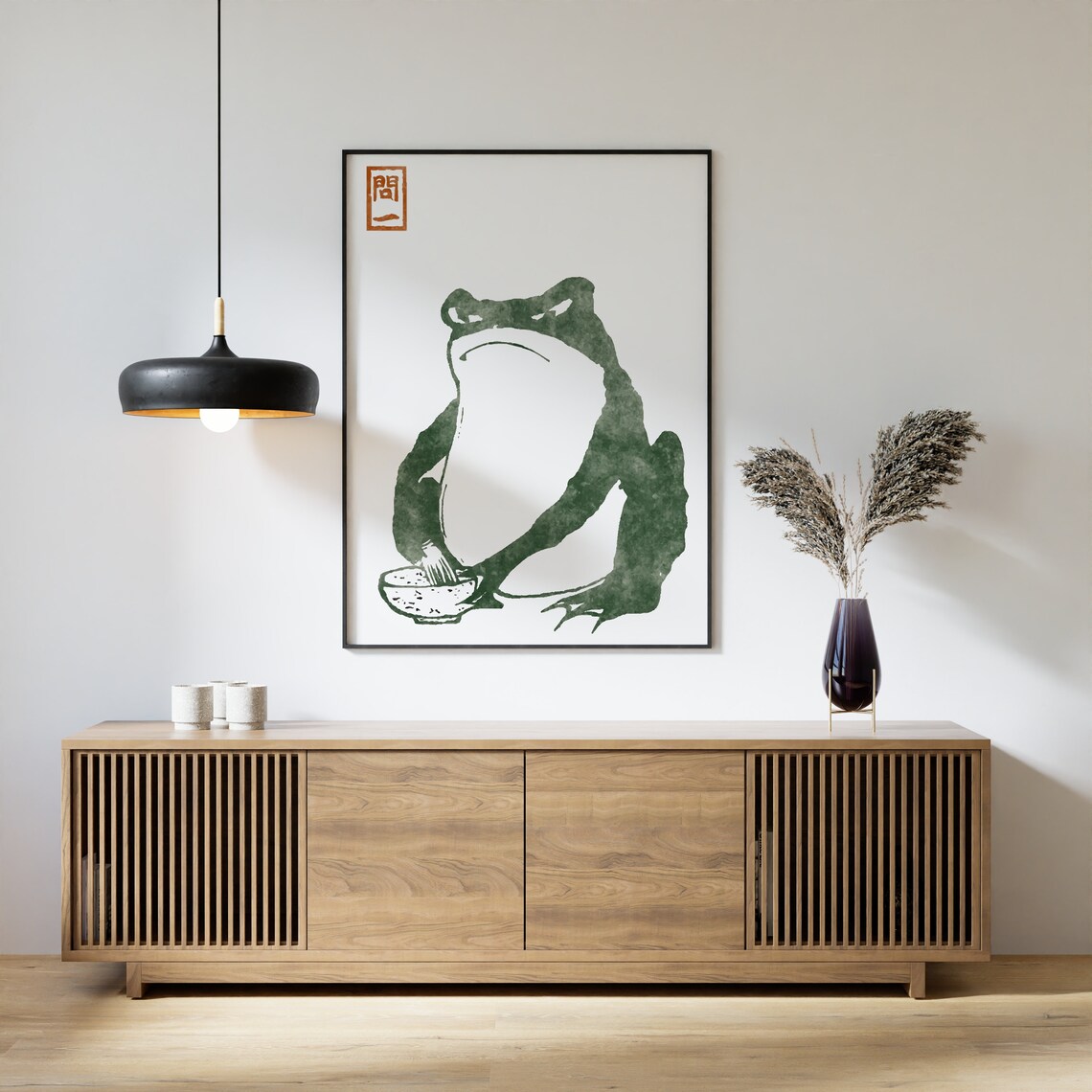 Green Frog Japanese Style Watercolor Artwork with Red Seal Poster - Image 2