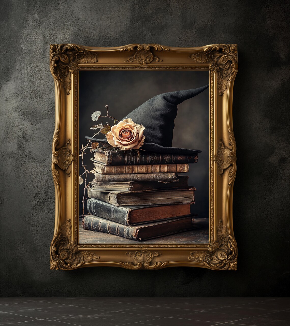 Black Witch Hat and Dried Rose Resting on a Stack of Old Books Poster - Image 2